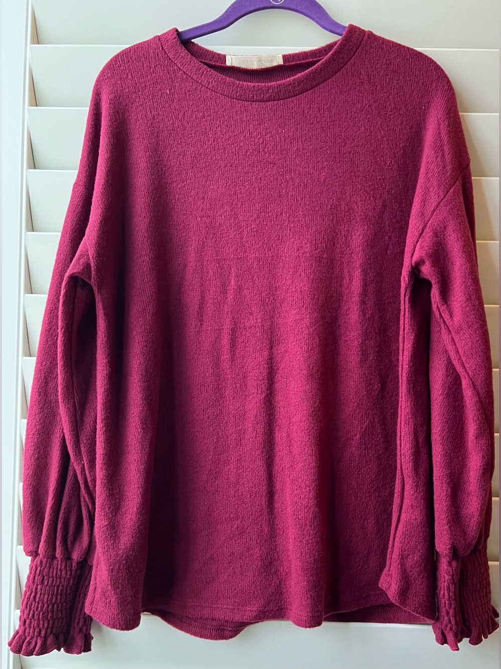 Vine & Love New Small & Large Berry-Purple Crewneck Sweater with Smocked Cuff